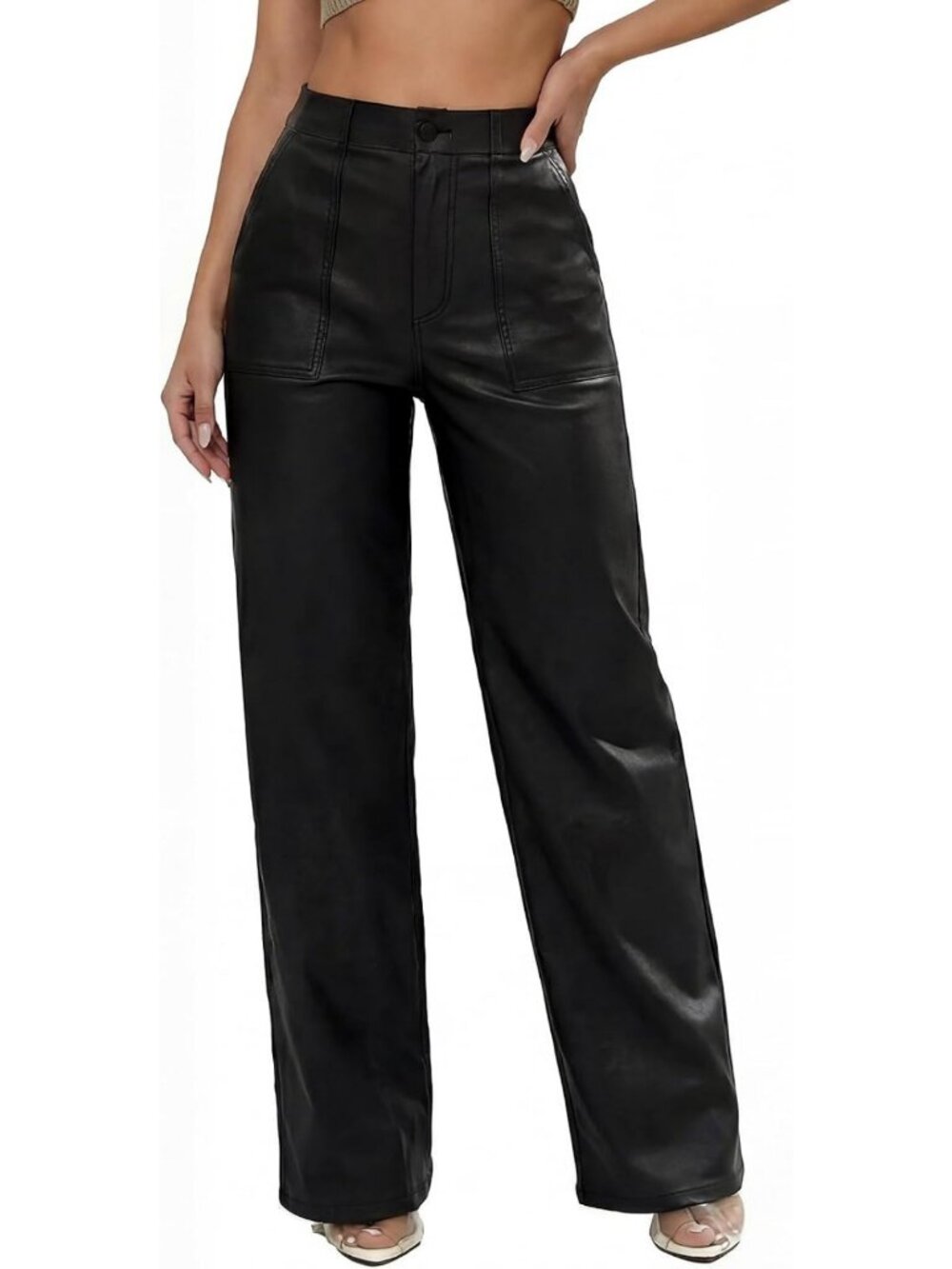 Trendy High Waisted Faux Leather Pants for Women | Coated PU Straight Leg Black - Picture 1 of 6